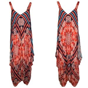 Alkamy Bohemian Paisley Mandala Striped Maxi Dress‎ Asymmetrical Flowy NWT Small